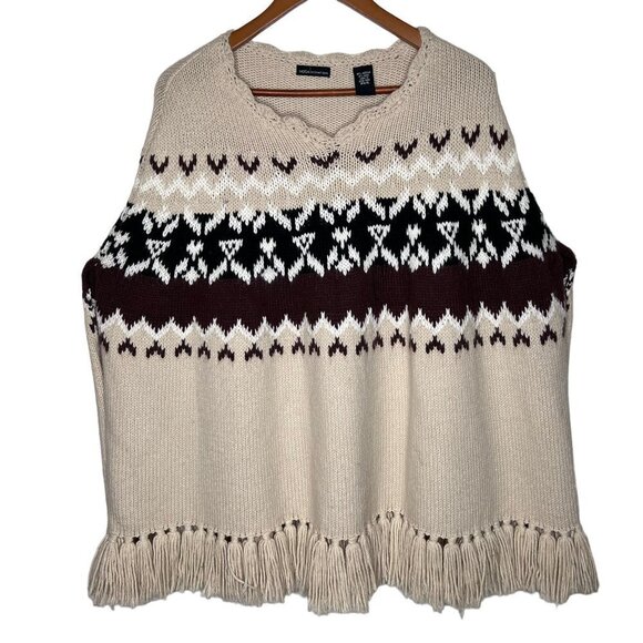 Moda Intl Wool Blend Fair Isle Poncho Shawl Wrap Fringes Size S Beige Black Boho - Picture 2 of 15
